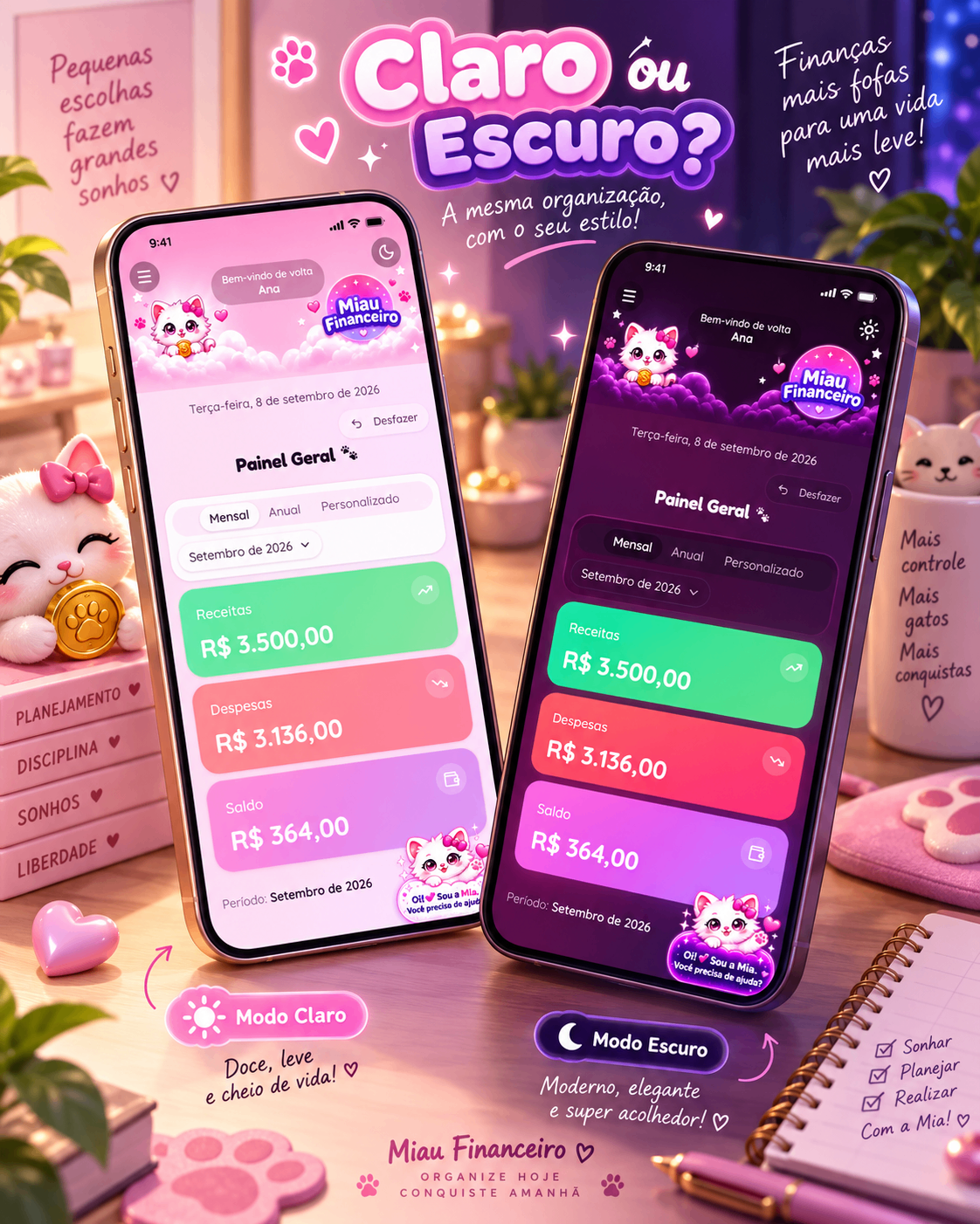Miau Financeiro nos modos claro e escuro