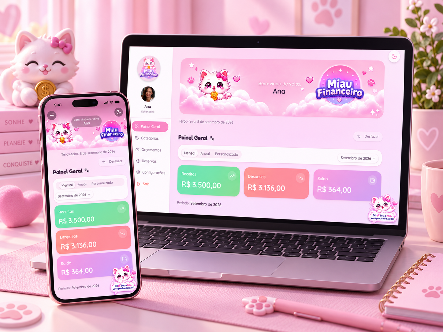 Prévia do dashboard do Miau Financeiro no computador e no celular